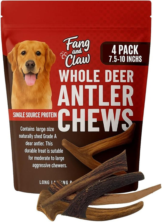 Fang & Claw Grass-Fed Deer Antlers for Dogs – 7.5–10" Antler Chews, 4-Pack – Long-Lasting Dog Chews for All Dogs & Aggressive Chewers