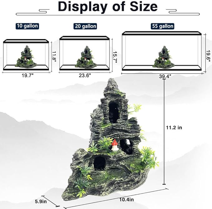 Large Aquarium Decorations Mountain View Stone Ornament Tree Rock Cave Artificial Fish Tank Ornament, Black