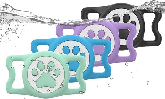 IP68 Waterpoof Dog Airtag Holder, Stretchy Silicone Full Body Covered Apple Air Tag Holder for Dog Cat Collar Fit All Width Collar (Black/Green/Blue/Pink, 4 Pack)