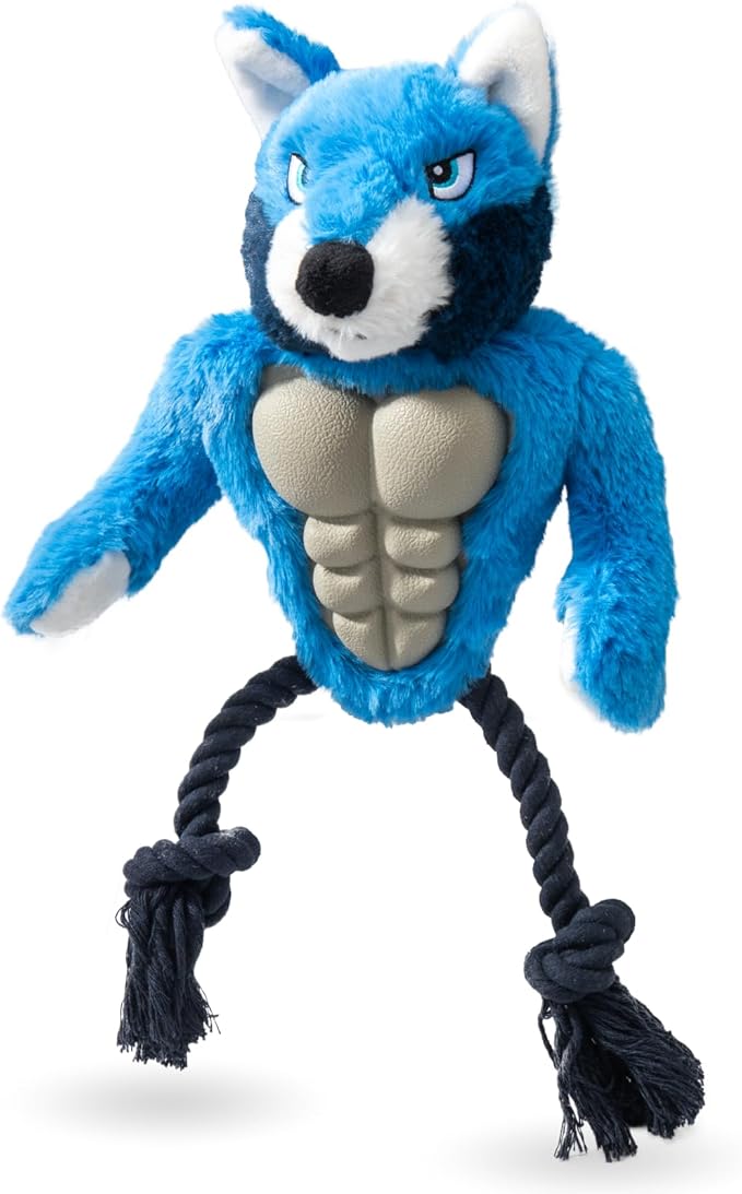 Wolf Rope Tug Toy with Muscle & Squeaker - Durable Plush Chew Toy for Aggressive Chewers, Interactive for Small Medium Large Dogs