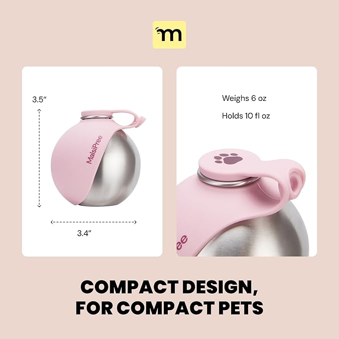Malsipree 2-in-1 Portable Dog Water Bottle & Bowl for Small Dogs - Leak Proof & Insulating - Travel Water Dispenser - Stainless Steel Bottle & Silicone Bowl - Walking & Hiking (10 fl oz, Pink)