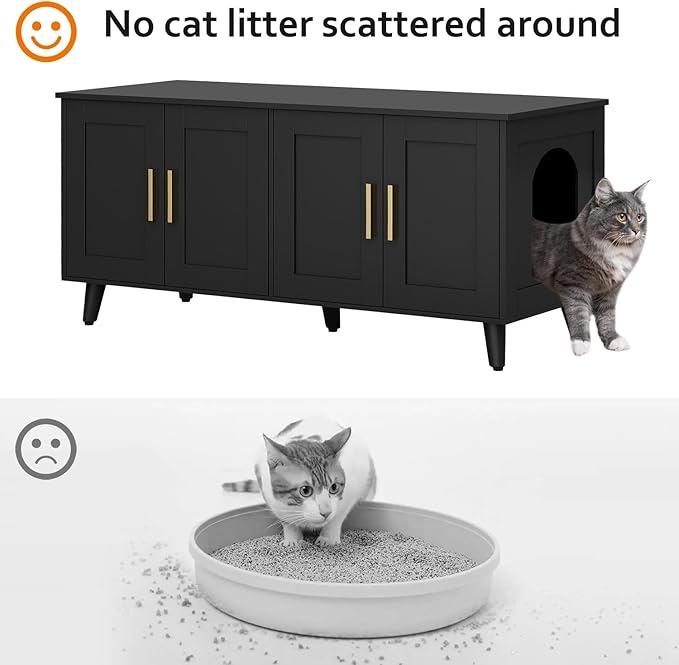 Homhedy Cat Litter Box Enclosure for 2 Cats, Wooden Cat Washroom Furniture with Double Doors, Stylish Pet House to Hide Litter Box, Save Space, Black