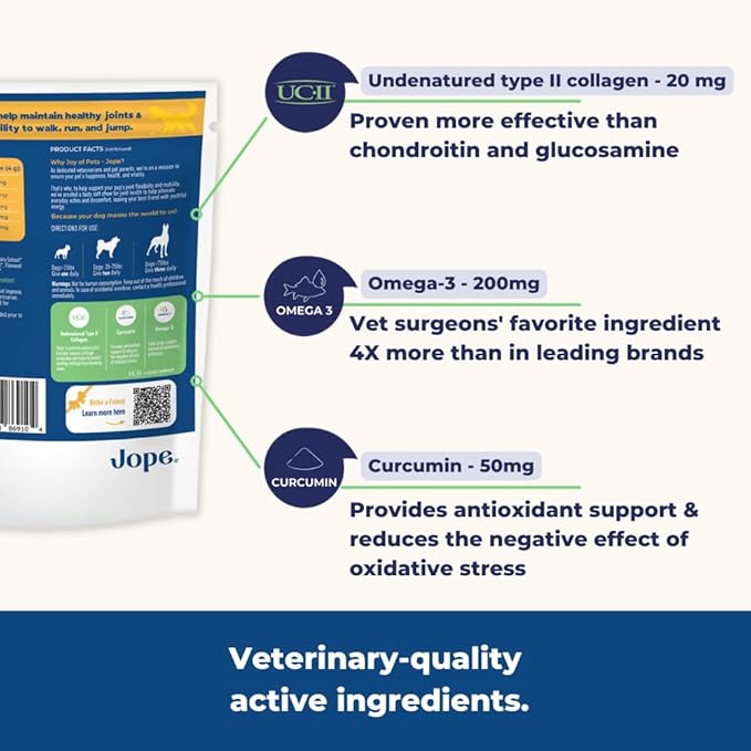 Jope Hip and Joint Dog Chews with UC-II® Collagen - More Effective Than Glucosamine - Veterinarian-Developed - Recommended for Small, Medium and Large Dogs - Cold-Pressed & Third-Party Tested