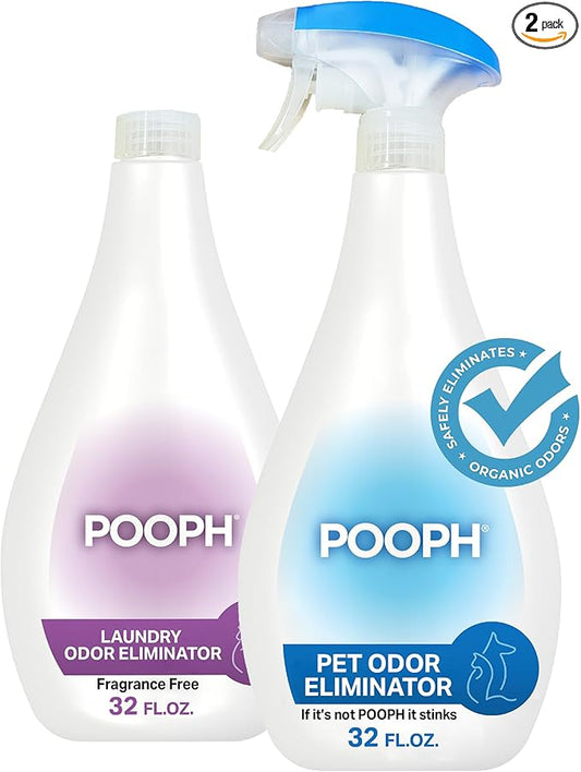 Pooph Pet Odor Eliminator & Pooph Laundry Additive - 2-32oz Bottles - Dismantles Odors on a Molecular Basis, Dogs, Cats, Freshener, Eliminator, Urine, Poop, Pee, Deodorizer, Puppy, Fresh, Clean
