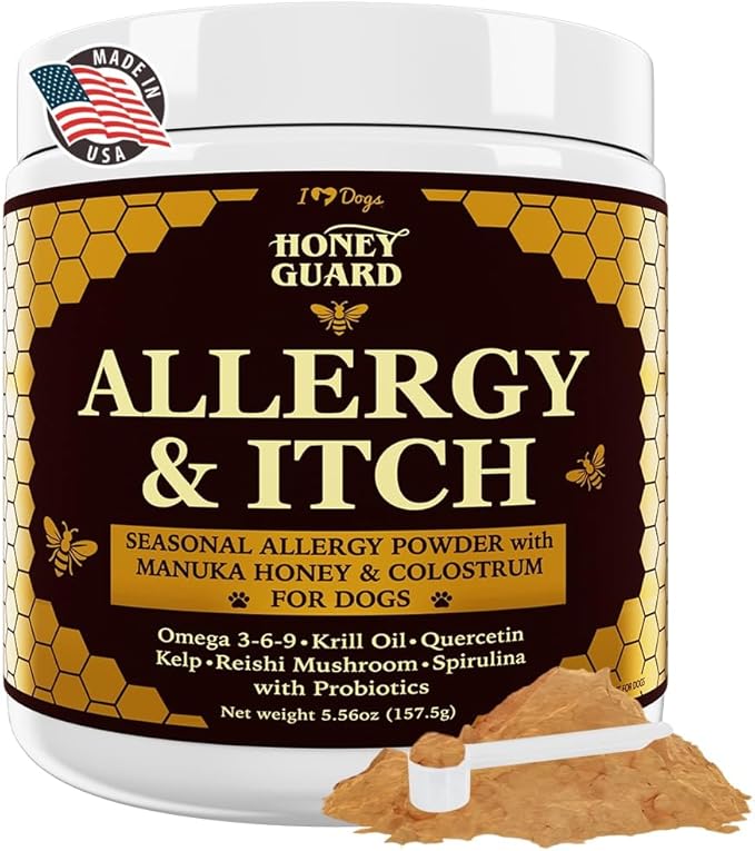 iHeartDogs Honey Guard Allergy & Itch Omega-3-6-9 Powder for Dogs Extra Strength with Manuka Honey, Quercetin, Colostrum, Kelp, Krill Oil & Probiotics - 90 Scoops