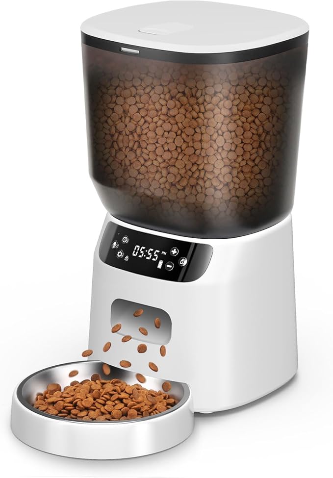 Automatic Cat Feeder, Cat Food Dispenser with Stainless Steel Bowl, Timed Portion Control 20 Portions 6 Meals Per Day, Voice Recorder, Dual Power Supply for Small Dogs (White)