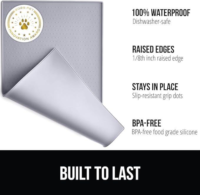GORILLA GRIP 100% Waterproof Raised Edge BPA Free Silicone Pet Feeding Mat, Dog Cat Food Mats Contain Spills Protects Floors, Placemats for Cats, Dogs Water Bowl, Pets Accessories 16x10, Light Gray
