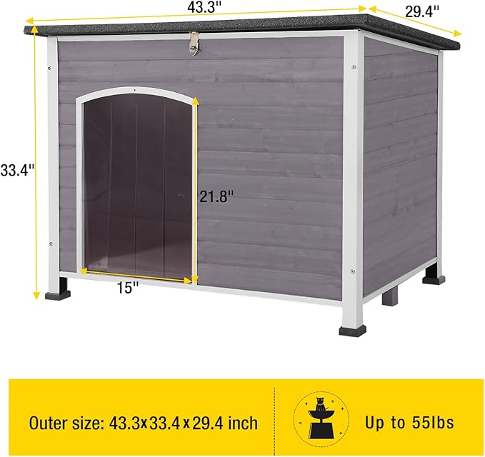 Insulated Wooden Dog Kennel Dog House with PVC Curtain and Removable Floor for Easy Cleaning (Large)