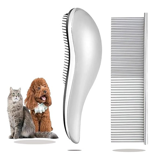 YOFANG Dog & Cat Comb – Pet Detangling Comb for Removes Tangles, Knots, and Matted Fur – Grooming Tool With Stainless Steel Teeth and Rubber Bath Brush for Long Short and Curly Haired Pet