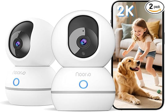 Noorio 2K Security Camera Indoor, Pan/Tilt Pet Camera with Speaker, One Touch Call Baby Monitor Dog Cam, Plug-in 24/7 SD&Cloud Storage, Color Night Vision, 2.4G WiFi, CS201, 2Pcs