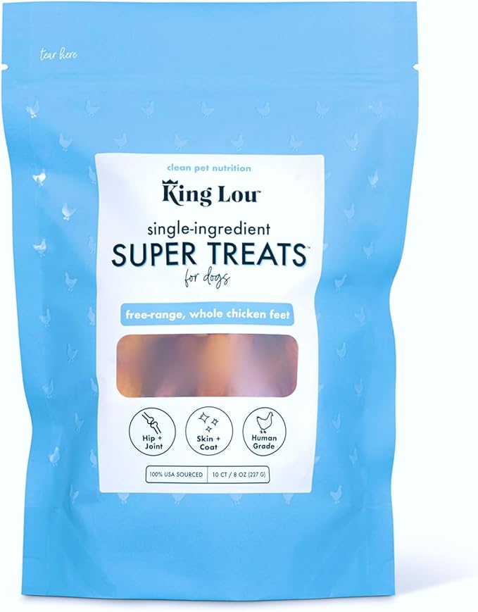 King Lou Pets - Whole Chicken Feet for Dog - Dehydrated Chicken Feet for Dog Treats - USA-Made Dental Treats for Dogs - Collagen, Glucosamine, Chondroitin for Hip and Joints - 10 Count