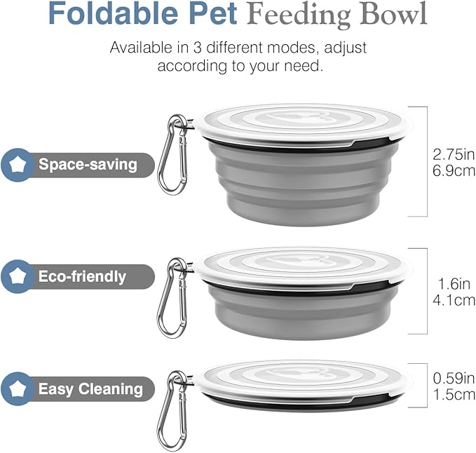 Pawaboo Collapsible Dog Bowls 2 Pack, Silicone Feeding Watering Bowls with Lids & Carabiners for Dogs Cats, Portable Water Feeder Food Bowl for Walking Traveling Home Use, 1000ml, Blue + Grey