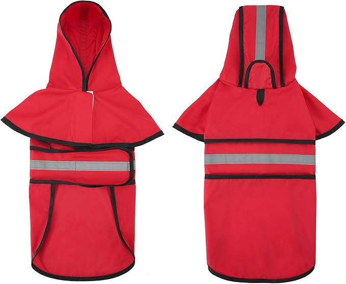 HDE Dog Raincoat Jacket Reflective Adjustable Hooded Pet Poncho Rain Coat with Leash Hole for Small to X-Large Dogs Red - S