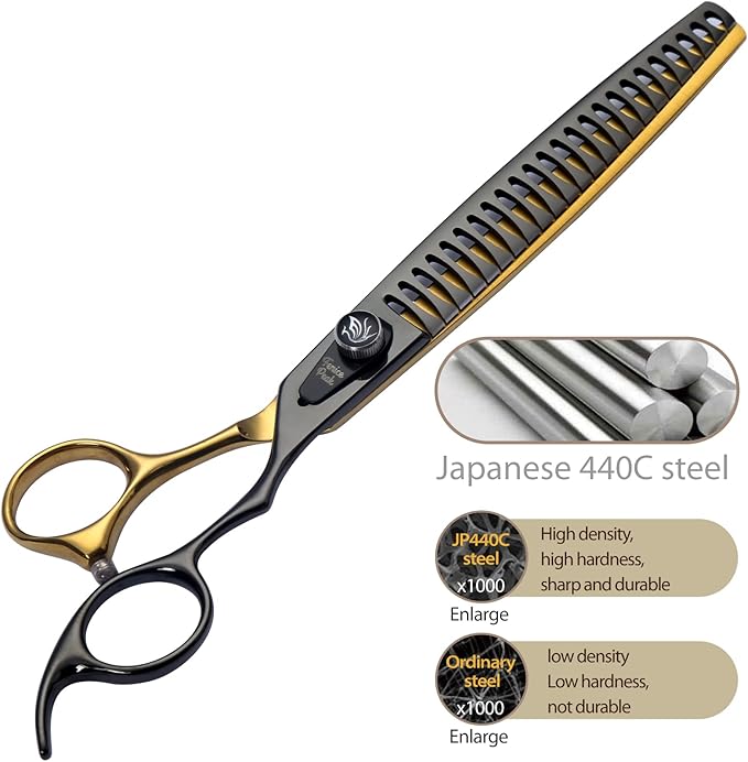 Fenice Peak 8'' Black Dog Grooming Scissors Goldern Chunker Dog Blending Scissors with Ergonomic Offest Handle and Pattern Screw Pet Grooming Thinner Blender Shears Durable and Sharp 440C