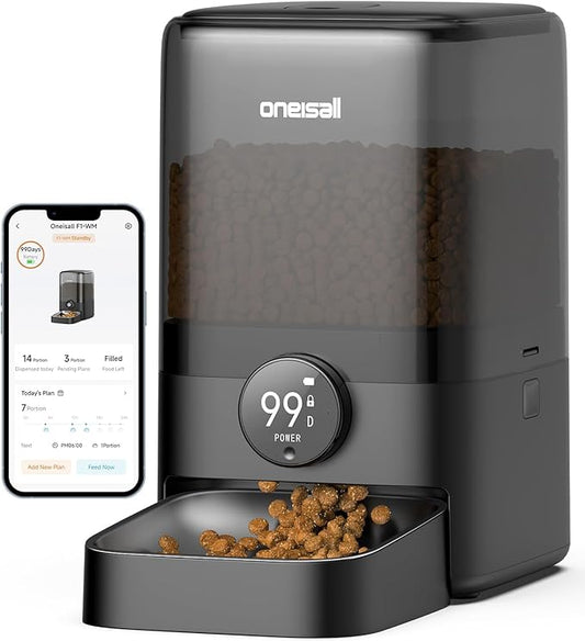 oneisall Cordless WiFi Automatic Cat Feeder, Rechargeable 100-Day Battery Operated Pet Feeder, 20 Cups/5L Timed Cat Food Dispenser for Large Kibble, Smart App Control (Black)