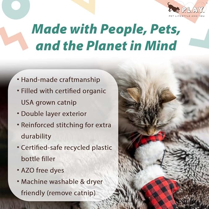 P.L.A.Y. Cute Cat Toys - Holiday & Christmas Themed Organic Catnip Filled Toy, Great for Adult Cats and Kittens - Machine Washable, Recycled Materials, Crinkles, Fur (Kitten Mittens, Set of 2)