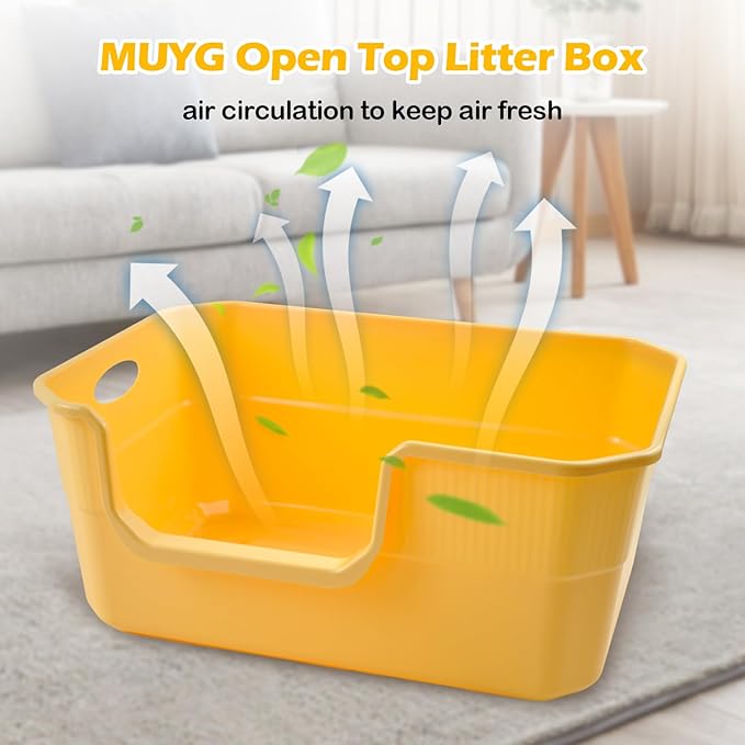 Large Low Entry Litter Box with High Sides,Plastic Cat Litter Pan Open Top Anti-Splashing Kitten Litter Box,Yellow Low Entrance Cat Toilet Easy to Clean