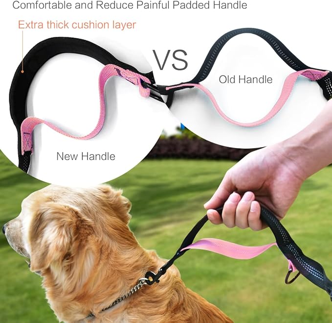 Hands Free Dog Running Leash with Waist Belt, Dual Handle Elastic Bungees Retractable Rope for Small and Medium Dogs, Reflective Stitches for Walking Hiking Biking (Medium Pink, 8-25lb)