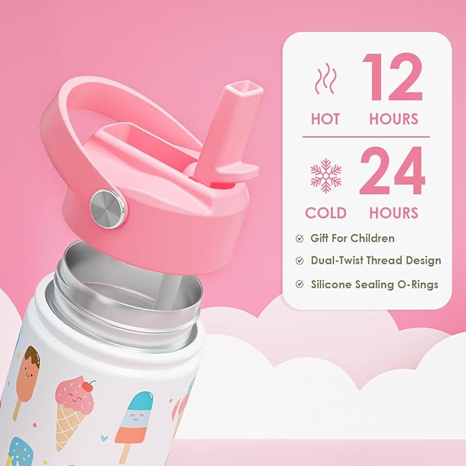 Ice Cream Kids Water Bottle With Straw Lid 12oz Insulated Stainless Steel, Travel Tumbler, Gifts For Girls, Birthday, Christmas, Back To School