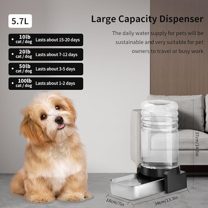 Marchul 1.5 Gallon Cat Water Dispenser, Automatic Gravity Dog Water Feeder, Stainless Steel Large Capacity Cat Waterer for Cats and Small Dogs (3 Filters) 5.7L