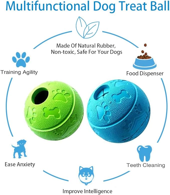 Dog Treat Ball and Toy, Interactive - Pack of 2 (Green, Blue)