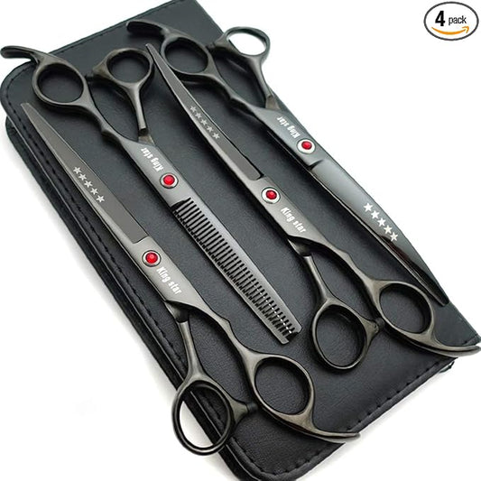 7.0in Titanium Black Professional Pet Grooming Scissors Set,Straight & Thinning & Curved Scissors 4pcs Set for Dog Grooming,(Black)