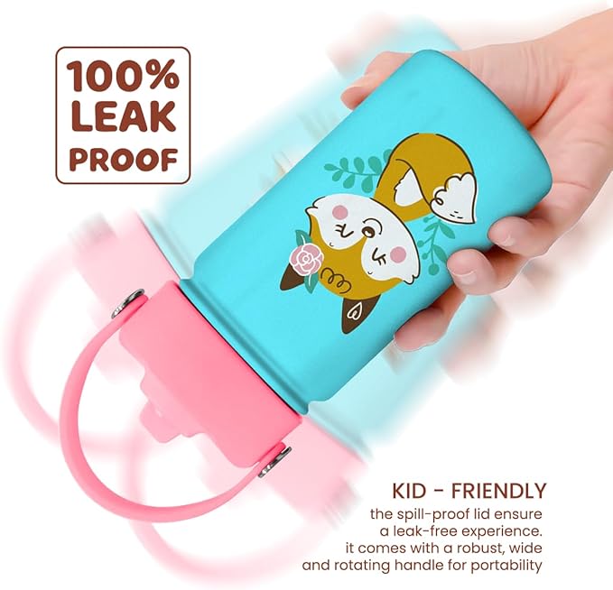 Fox Water Bottle - Kids Water Bottle with Straw Lid - 12 Oz Insulated Stainless Steel Water Bottles for Kid Girl - Travel Cup for School Sports
