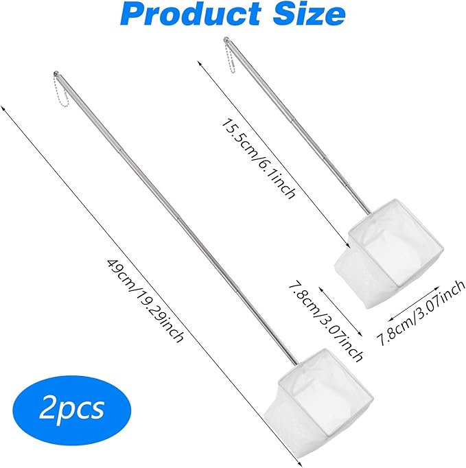 Fish Net for Fish Tank, 2 Pcs Aquarium Square Round Fishs Net Fine Mesh Fishs Nets Nano Nylon Nets with Extendable Stainless Steel Handle for Small Fishes Tank Aquarium Accessories (White)