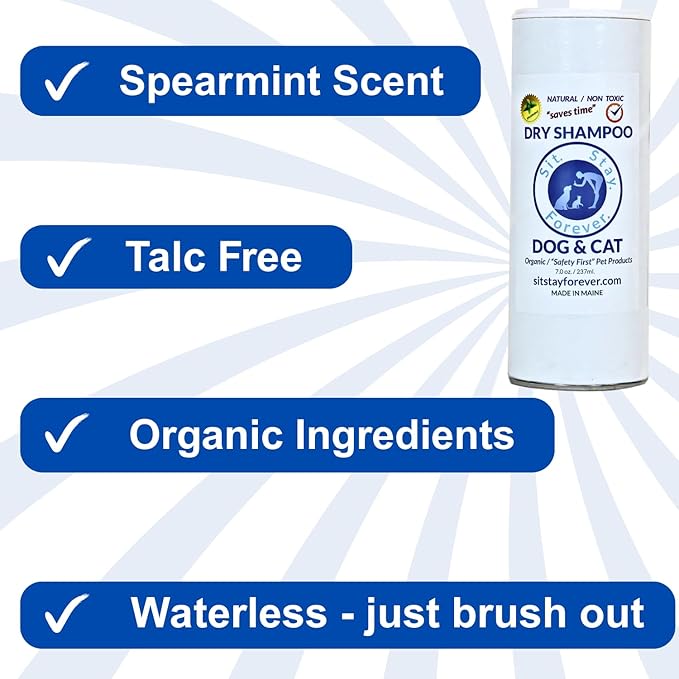 Sit Stay Forever Dry Powder Shampoo for Dogs, Dry Shampoo for Smelly Dogs and Cats, Talco para Perros y Gatos, Shampoo for Stinky and Itchy Skin, Waterless Dog Shampoo, 28 oz