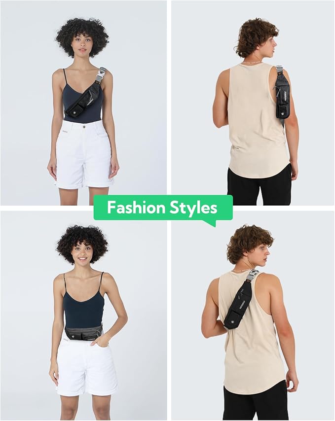 WATERFLY Fanny Pack for Women Men Water Resistant Small Waist Pouch Slim Belt Bag with 4 Pockets for Running Travelling Hiking Walking Lightweight Crossbody Chest Bag Fit All Phones…