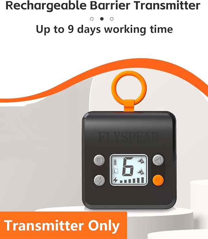 FLYSPEAR Wireless Pet Barrier - Rechargeable Indoor Barrier with 6 Adjustable Range Radius up to 7 ft, 6 Adjustable Safe Static Intensity, Electric Fence System with Hook (Transmitter Only)