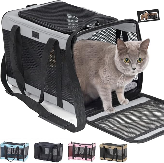 GORILLA GRIP Cat Carrier Travel Bag Up to 15 Lbs, Soft Collapsible Small Dog Carriers, Top and Side Entry Breathable Mesh, Grip Feet on Underside, Cozy Washable Waterproof Pad, Portable Kennel, Gray