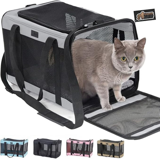 GORILLA GRIP Cat Carrier Travel Bag Up to 15 Lbs, Soft Collapsible Small Dog Carriers, Top and Side Entry Breathable Mesh, Grip Feet on Underside, Cozy Washable Waterproof Pad, Portable Kennel, Gray