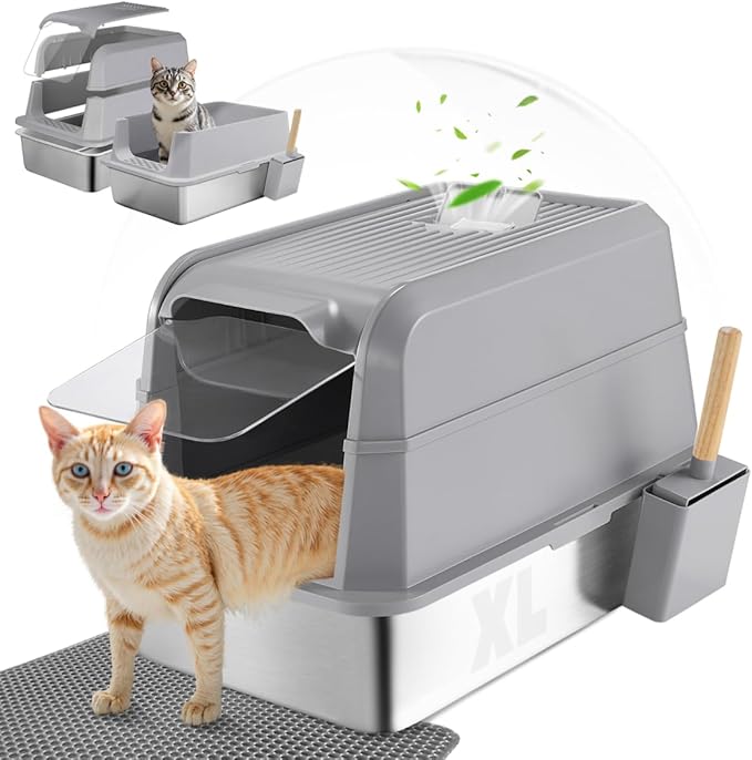 XL Stainless Steel Enclosed Cat Litter Box with Lid 23.6''×15.7''×16.9'' - Odor Control & Easy Cleaning w/Odor-Proof Bags, Extra Large Metal Litter Pan for Indoor Cats, Khaki