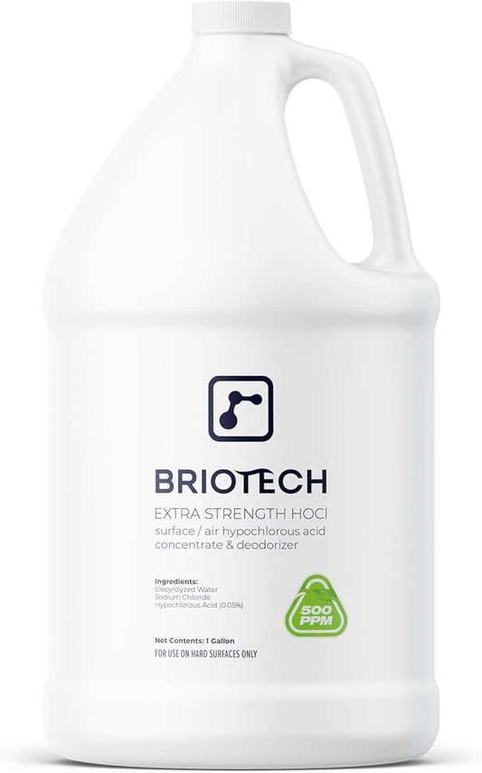 BRIOTECH Extra Strength HOCl Cleaner, 500 PPM Hypochlorous Acid Concentrate, ULV Foggers & Humidifiers, Professional Deodorizer for Dental, Offices, Schools, Homes, Peroxide Free, 1 Gallon