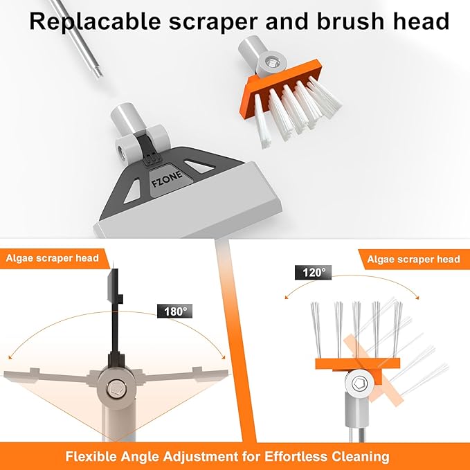 FZONE Algae Scraper for Glass Aquariums, 19''-26'' Detachable Length, 2-in-1 Fish Tank Cleaning Kit with Brush Head and 5 Stainless Steel Blades