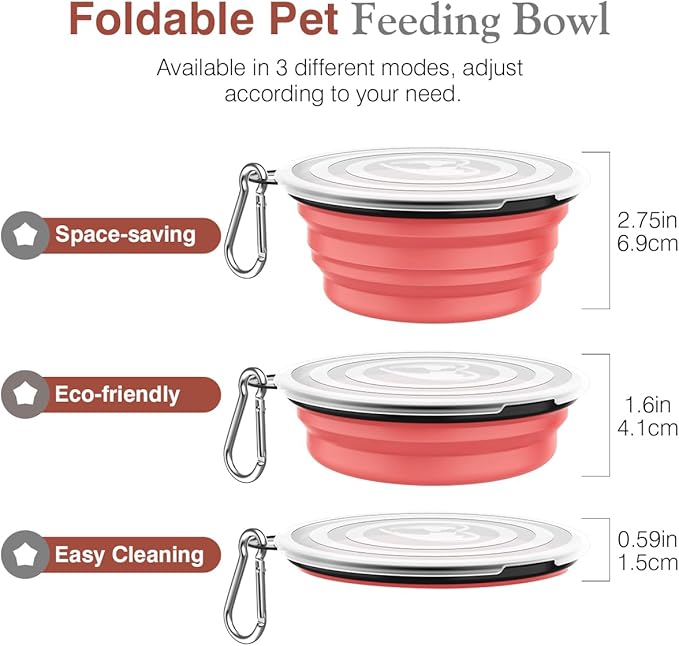 Pawaboo Collapsible Dog Bowls 2 Pack, Silicone Feeding Watering Bowls with Lids & Carabiners for Dogs Cats, Portable Water Feeder Food Bowl for Walking Traveling Home Use, 1000ml, Light Pink + Grey