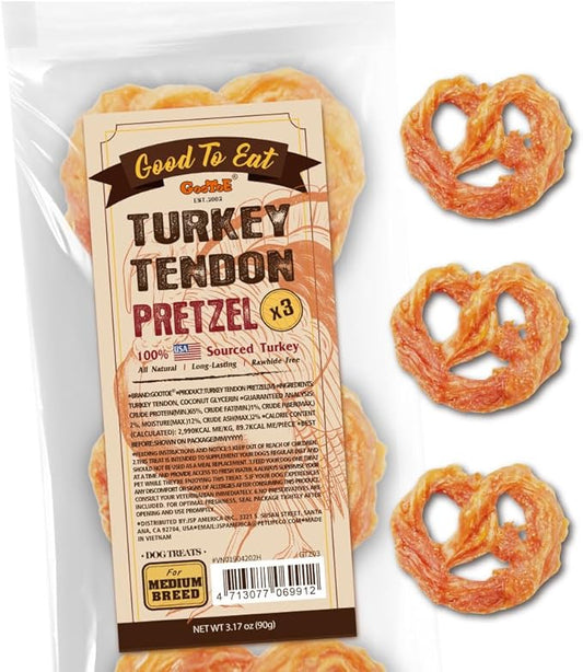 Gootoe Turkey Tendon Dog Treats, Pretzel (M) 3.17 oz, USA-Sourced Turkey Tendon, Natural Snack, Premium Puppy Chews, Hypoallergenic, Reseal Value Bags, Size for Medium Dogs