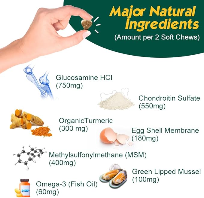 Advanced Hip & Joint Supplement for Dogs with Glucosamine and Chondroitin, for Dogs Glucosamine, Organic Turmeric, Egg Shell Membrane, Green Lipped Mussel, 90-Count, Bacon