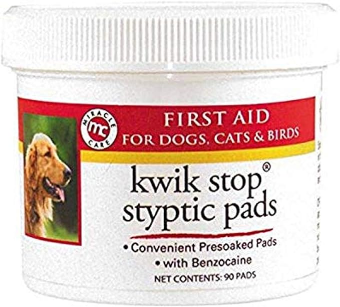 Miracle Care Kwik Stop Styptic Pads For Dogs, Cats and Birds, 90 Pre-Soaked Pads, Fast Acting Blood Stop with Pain Relieving Benzocaine