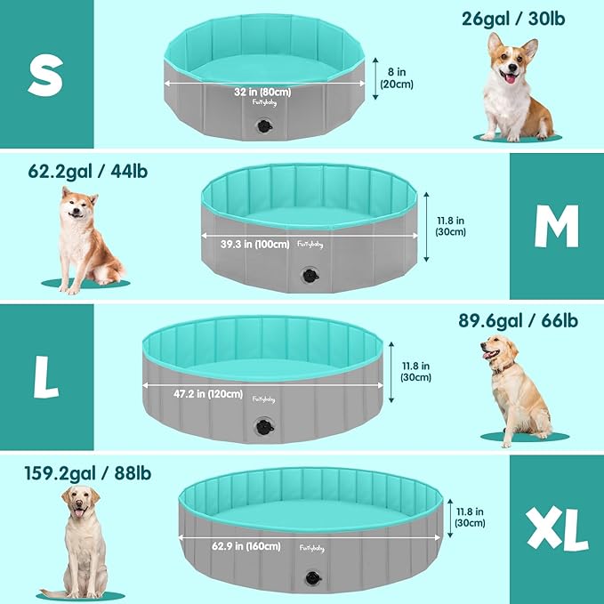 Furrybaby Dog Pool, Kiddie Pool Hard Plastic Foldable Dog Pools for Large Dogs Portable Pet Doggie Wading Swimming (Grey 47'') Indoor and Outdoor