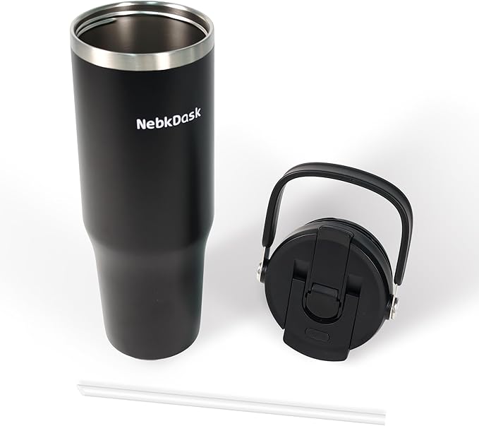 Insulated Stainless Steel Bottle with 2-in-1 Straw and Spout Lid Water Bottle Keep Cold 24H, Leak-Proof, Fits in Car Cup Holder, Travel, and School （Black）