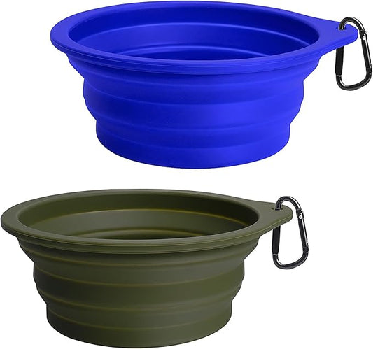 PetBonus 2-Pack Large Silicone Collapsible Dog Bowls, 34oz/1000ml BPA Free Portable Foldable Travel Bowl for Pet Cat, Food Water Feeding Dish for Camping with 2 Carabiners (Army Green, Blue)