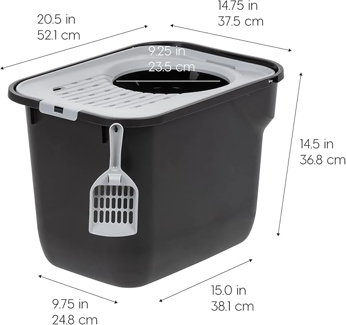 IRIS USA Cat Litter Box, Large Cat Box Enclosure, Top Entry with Litter Catching Lid, Enclosed with Scoop, Black/Gray