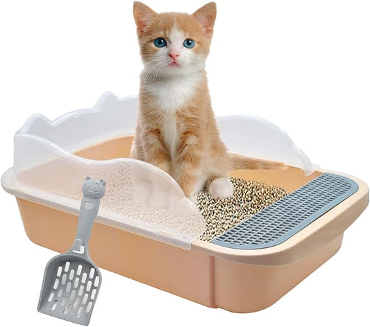 Open Cat Litter Box with High Side,Anti-Splashing Cats Litters Pan,Kitten Toilet with Litter Sifting Scoop,Semi-Enclosed Removable Kittens Litter for Boxes Easy to Clean No Odork(Khaki)