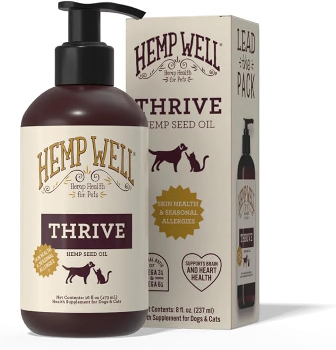 Hemp Well Thrive Oil for Dogs and Cats – Supports Hip, Joint, and Heart Health, Promotes Immune System, and Promotes Healthy Skin from Seasonal Allergies, Organically Sourced - 16 Ounces