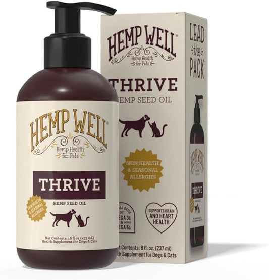 Hemp Well Thrive Oil for Dogs and Cats – Supports Hip, Joint, and Heart Health, Promotes Immune System, and Promotes Healthy Skin from Seasonal Allergies, Organically Sourced - 16 Ounces