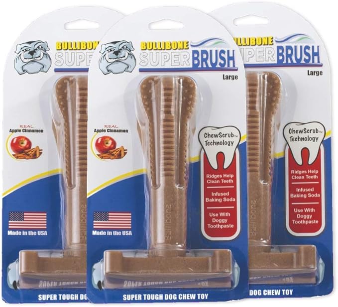Bullibone SuperBrush: Dog Teeth Cleaning Brushing Toothbrush Stick - Long Lasting Nylon Apple Cinnamon Chew Toy for Oral Care and Dental Health