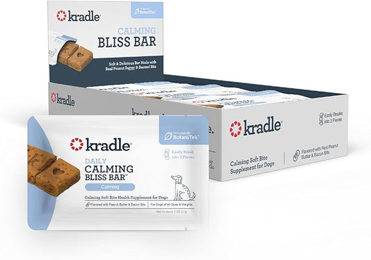 Kradle Bliss Bars for Dogs - Peanut Butter Flavored Calming - GABA L-Theanine - On The Go Packaging - Supports a Calm Demeanor - 12 Bars