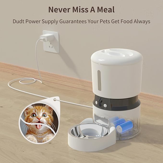 Automatic Cat Feeder with 2 Cameras 1080P HD with Night Vision Pet Food Dispenser Two-Way Voice and Audio Dog Smart WiFi Dog & Cat Feeder Programmable Schedule Slow Bowl White